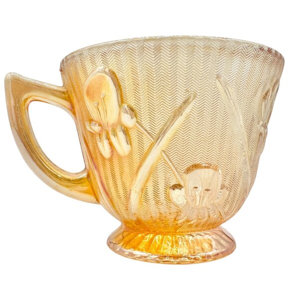 Jeannette Iris & Herringbone Marigold Handled Footed Cup 4 oz Carnival Glass - Picture 3 of 4
